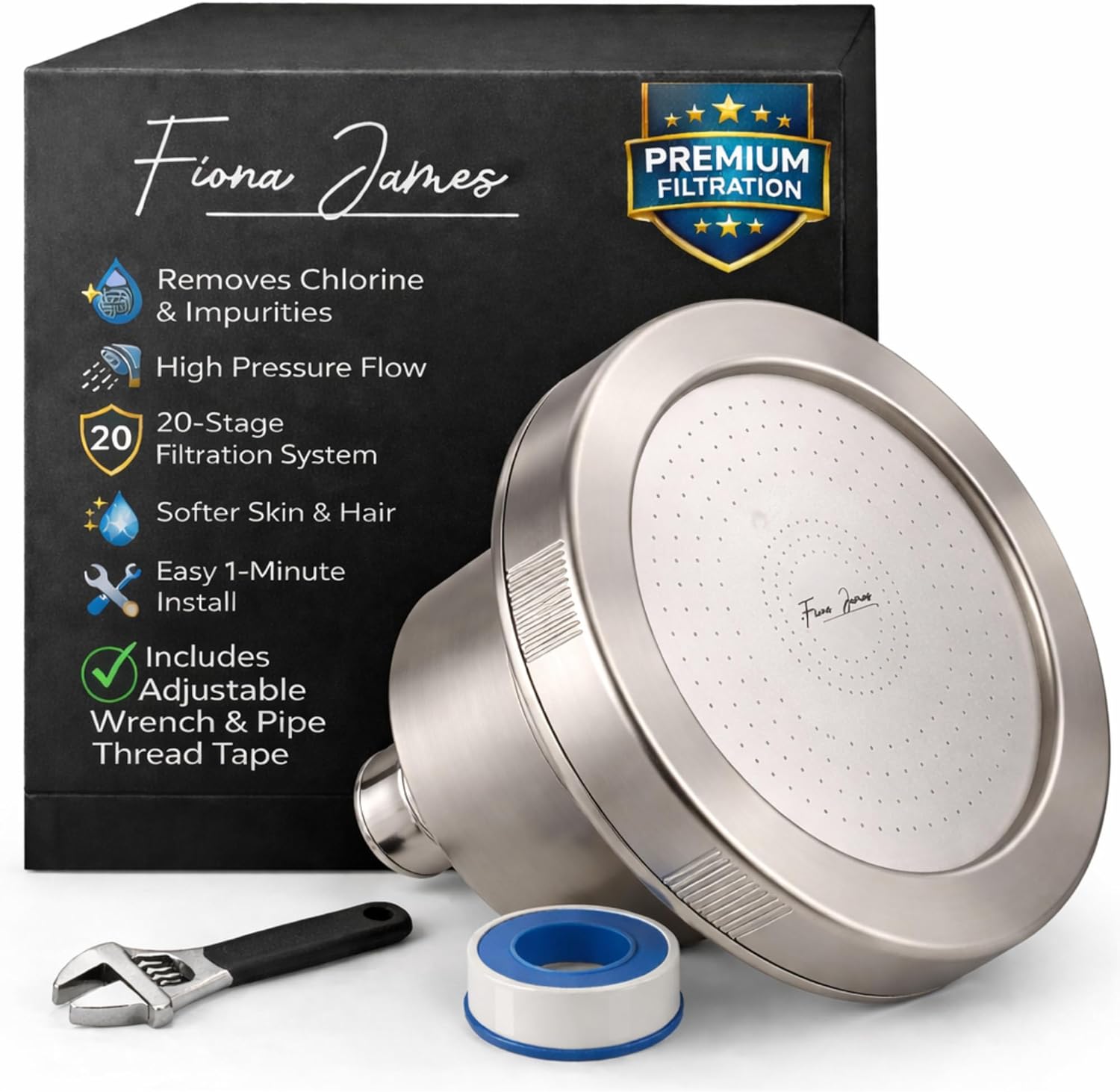 Fiona James Filtered Shower Head | High Pressure Shower Head with Filter for Hard Water | Removes Chlorine & Heavy Metals | Improves Skin & Hair | Easy Install, Brushed Nickel