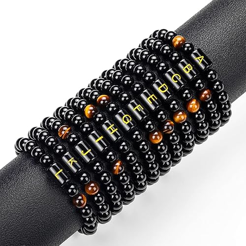 Miniatura 6 de Initial Bracelets for Men Letter Link Handmade 8mm Natural Black Onyx Tiger Eye Stone Beads Braided Rope Meaningful Bracelet Father's Day Gift