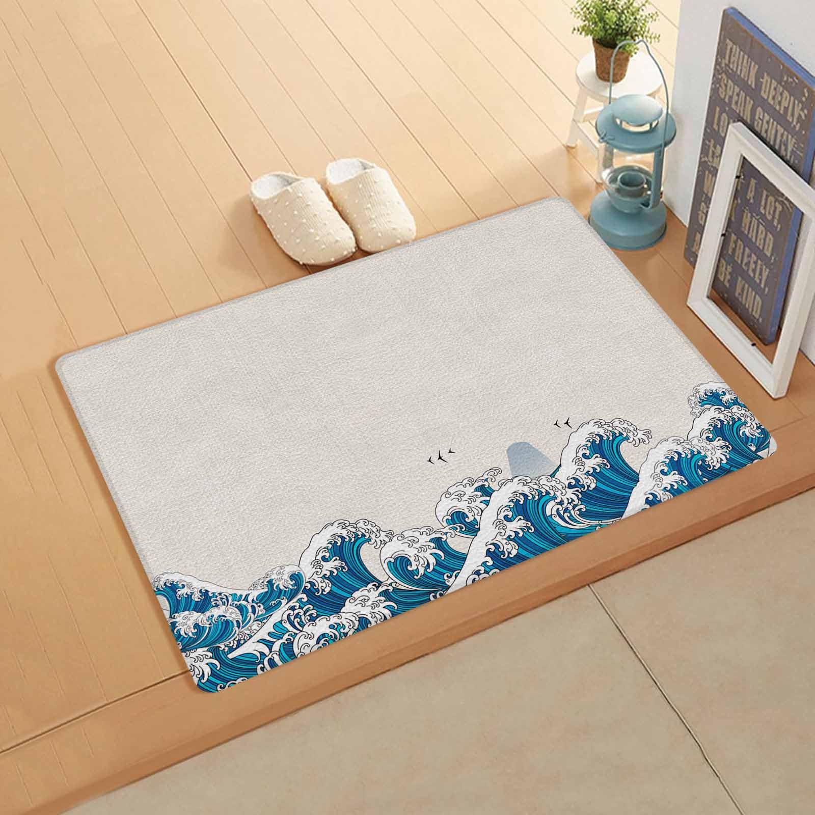 Coastal Waves Antifatigue Kitchen Bath Door Mat Cushioned Runner Rug,Washable Welcome Floor Sink Mat,Waterproof & Non-Slip Standing Doormat for Kitchen,Blue Ombre Ocean Modern Abstract Summer 24