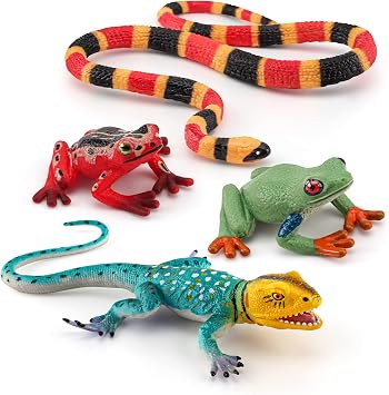 Forest Snake Figurine Lizard Figures Frog Figures 4PCS Tropical Forest Animals Figurines Frog Toys School Project Model for Kids Toddlers Birthday Gift Cake Toppers