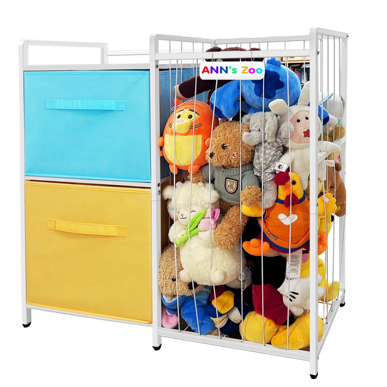 Kuscheltier Aufbewahrung, Metall Stofftier Aufbewahrung mit 2 Fächern für Plüschtiere Teddy, 187L Bücherregal Kinder Spielzeugschrank Spielzeug Korb für Kinderzimmer Möbel Deko B