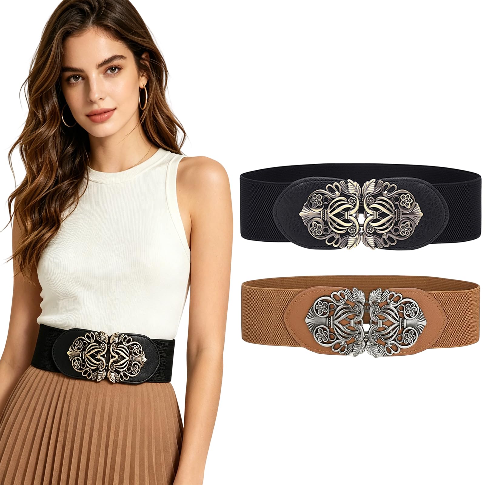 2pcs Vintage Wide Elastic Waist Belt For Women Dresses, One Size With Stretch Band And Retro Pu Leather Alloy Clasp,Fashion Waistband For Dresses, Tunics, Skirts, Blazers, Formal Or Casual Outfits-image-47