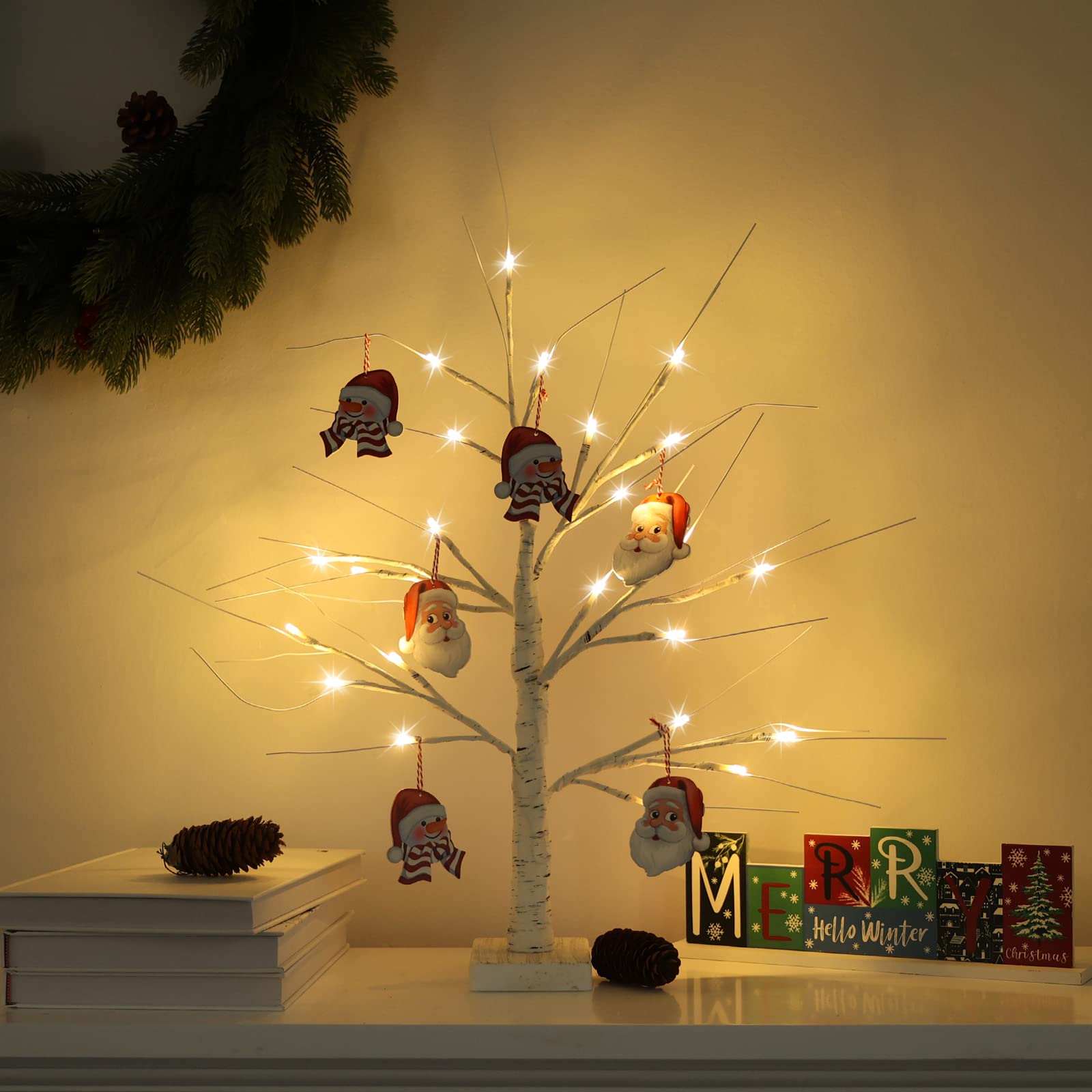 YEAHOME Christmas Decorations Indoor, 24”/2FT Birch Tree with 24LT Warm White LED Lights, 3 Santa Claus and 3 Snowman Wood Ornaments Battery Powered Timer for Winter Home Decor, Bedroom, Table Top