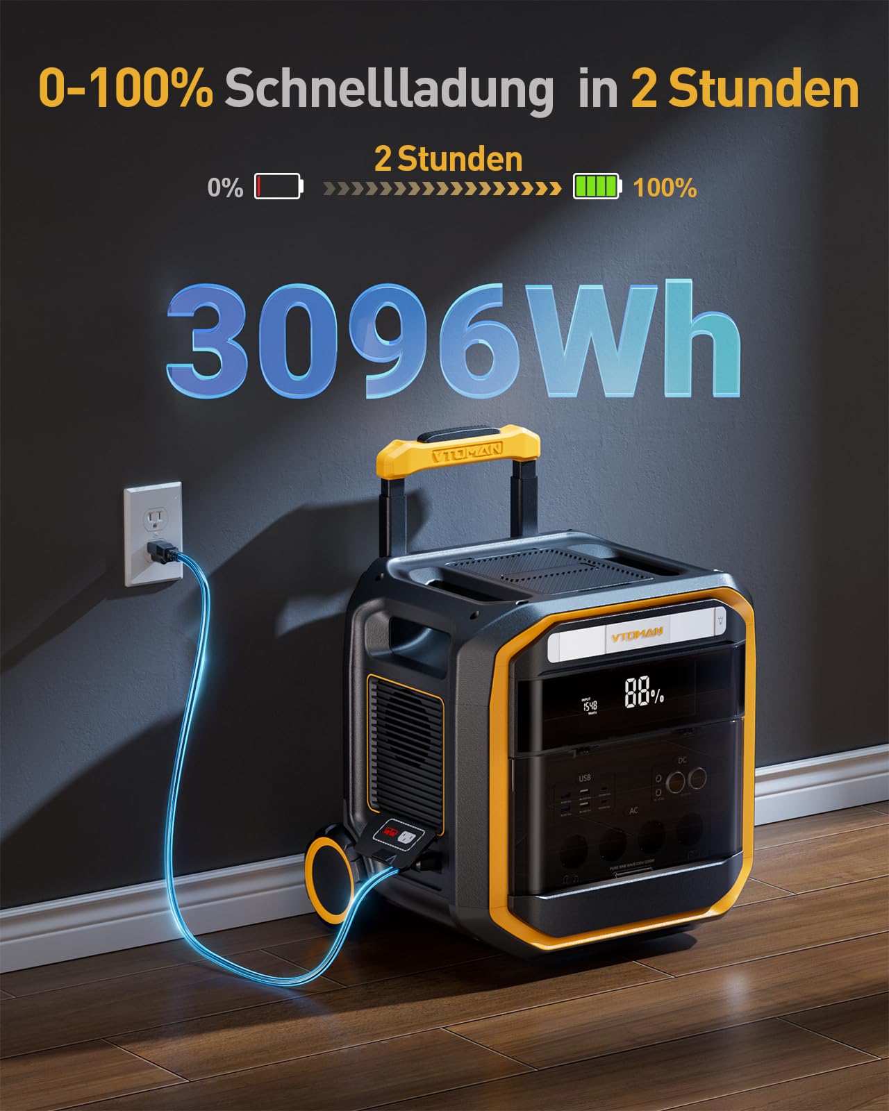 VTOMAN FlashSpeed Pro 3600 Tragbare Powerstation mit 2*200W Pro Solarpanel | 3600W Solargenerator, 3096Wh LiFePO₄-Akku, Erweiterbar bis 6192Wh, Schnellladung in 2 Stunden für Camping, Notfall, Reise