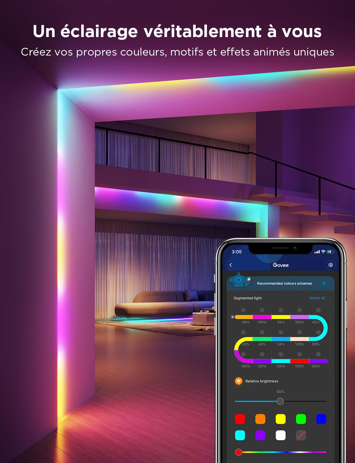 Govee Ruban LED 5M, RGBIC Bande LED avec Contrôle de Segment, Synchronisation Musicale, 64 Modes Scène, Contrôlable via APP, Changement de Couleur, pour la Maison et la Chambre