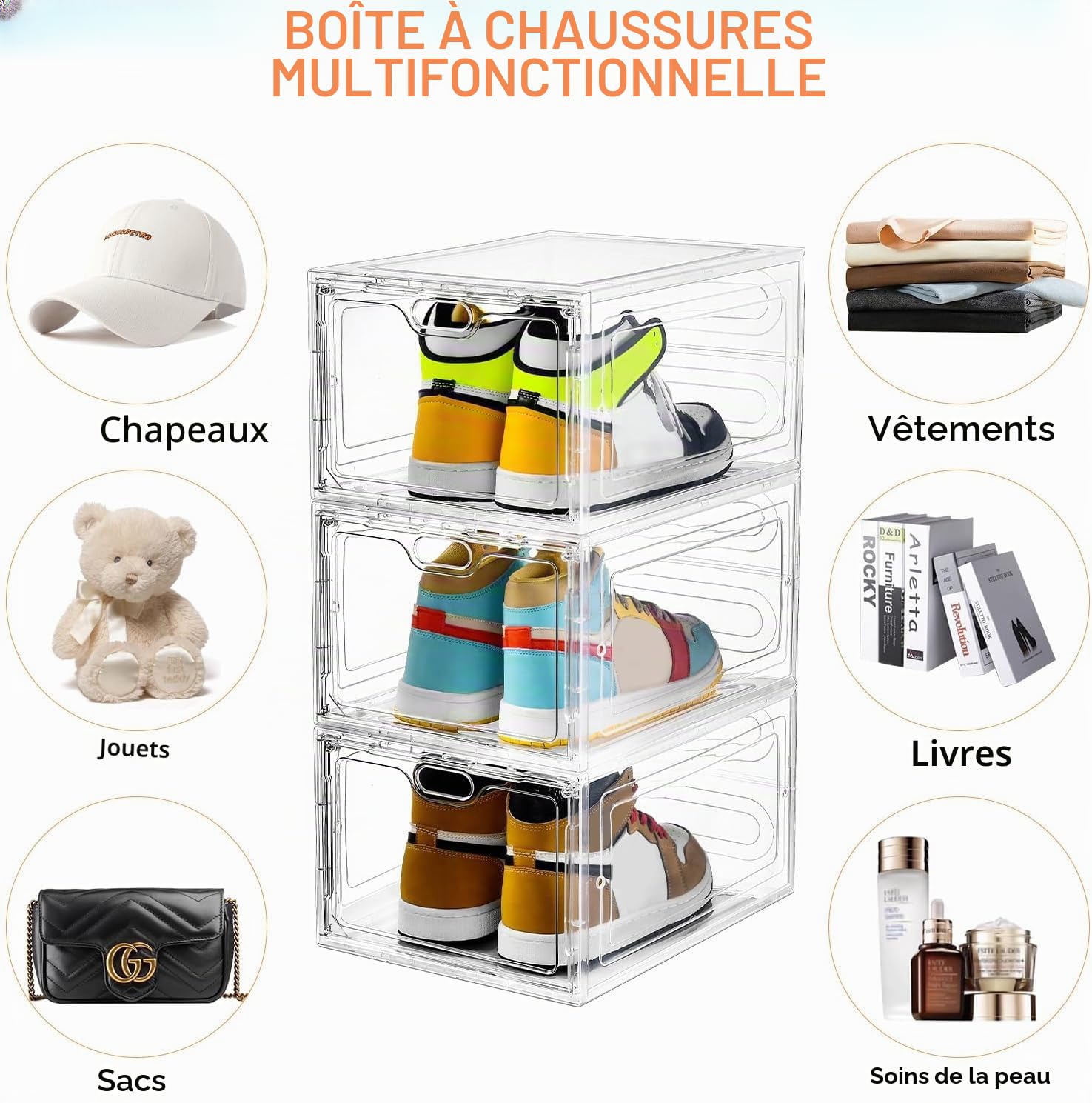 INSTY Lot de 6 grandes boîtes à chaussures en plastique, empilables, porte magnétique, facile à assembler, pour chaussures de pointure 46, transparente