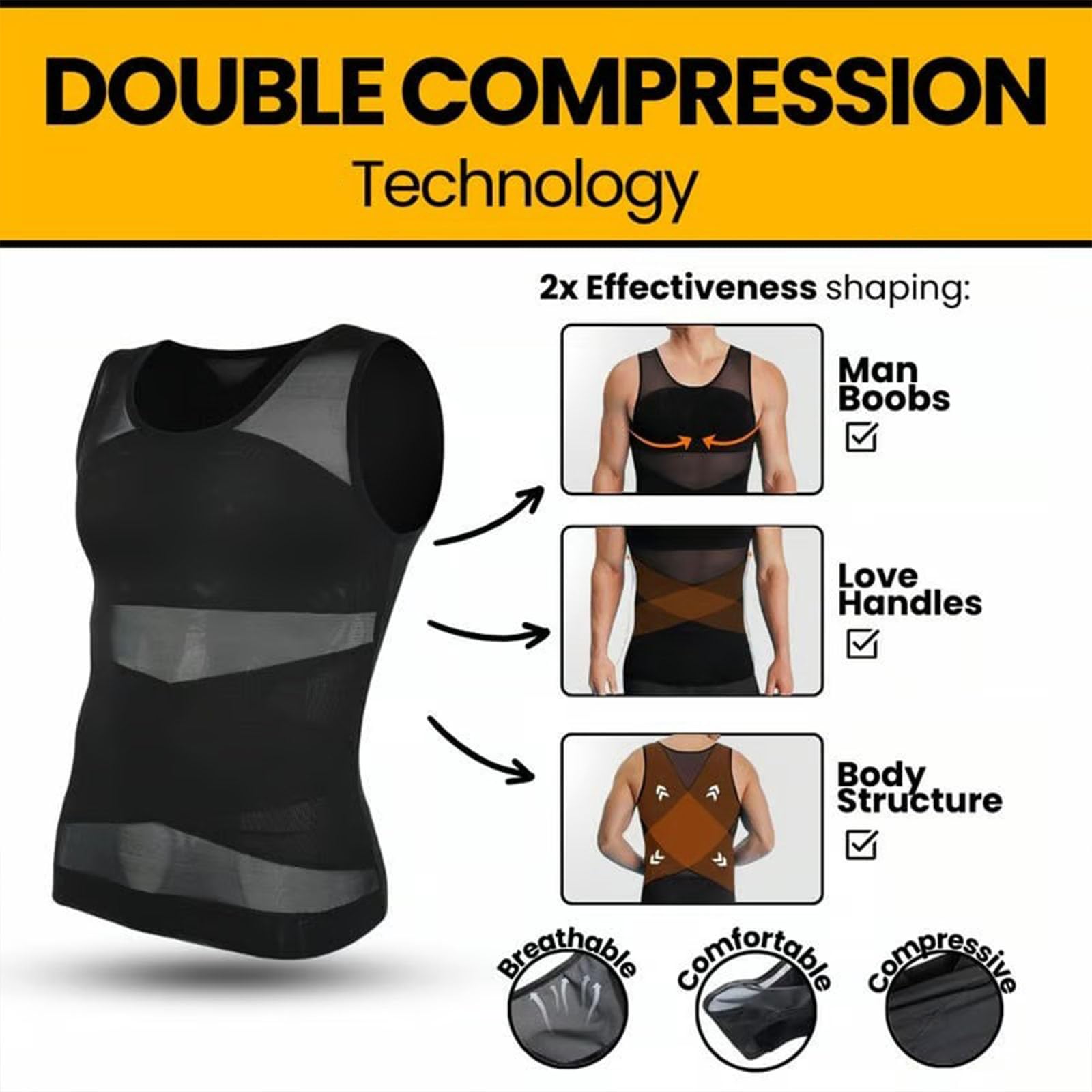SculptBody Shaper Vest 2.0 Double Compression Homme Amincissant Ventre Vest Top 360° 3D Shaper Vest Top Compression Shirt Homme pour un look plus mince