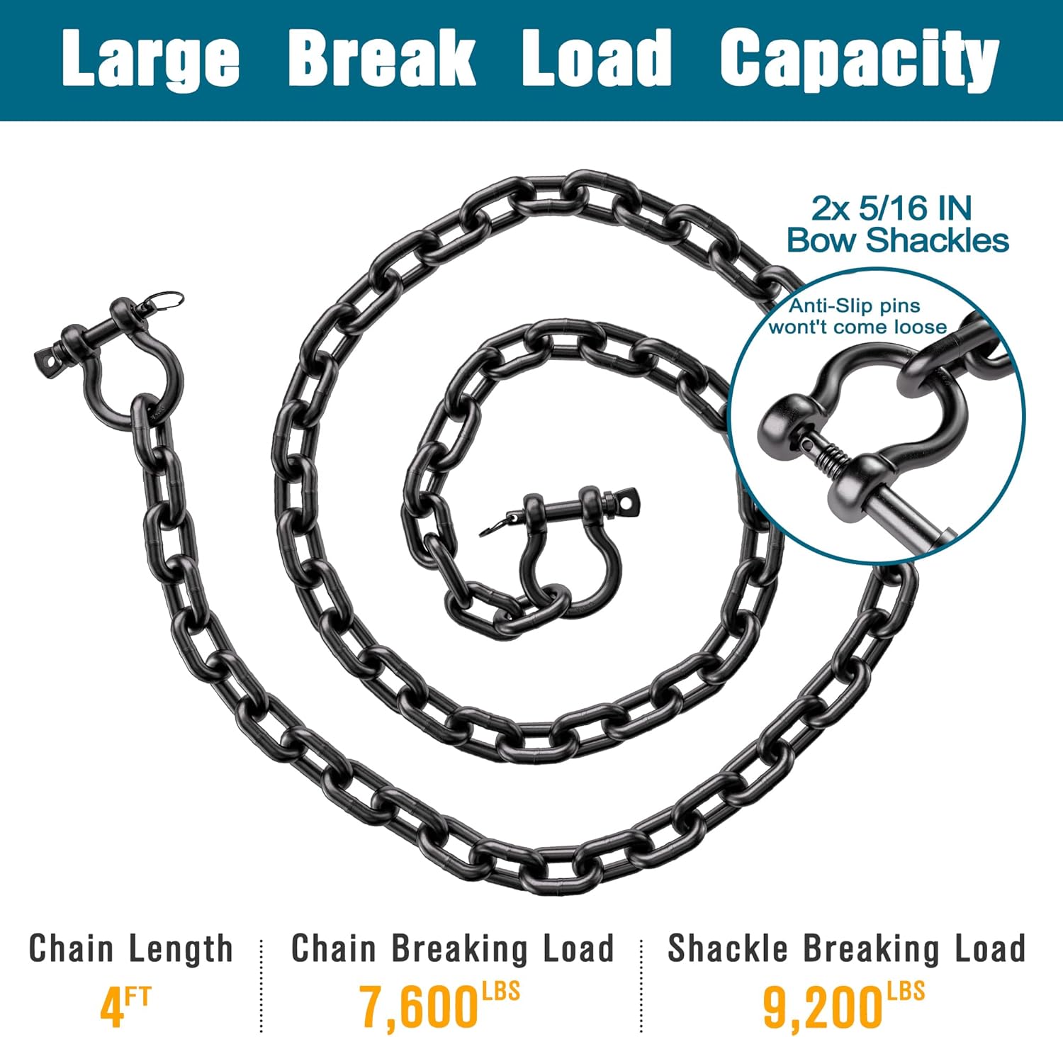 Boat Anchor Chain 316 Stainless Steel Marine Grade Anchor Chain with Double Shackle Link Ends Black Chain for Boat