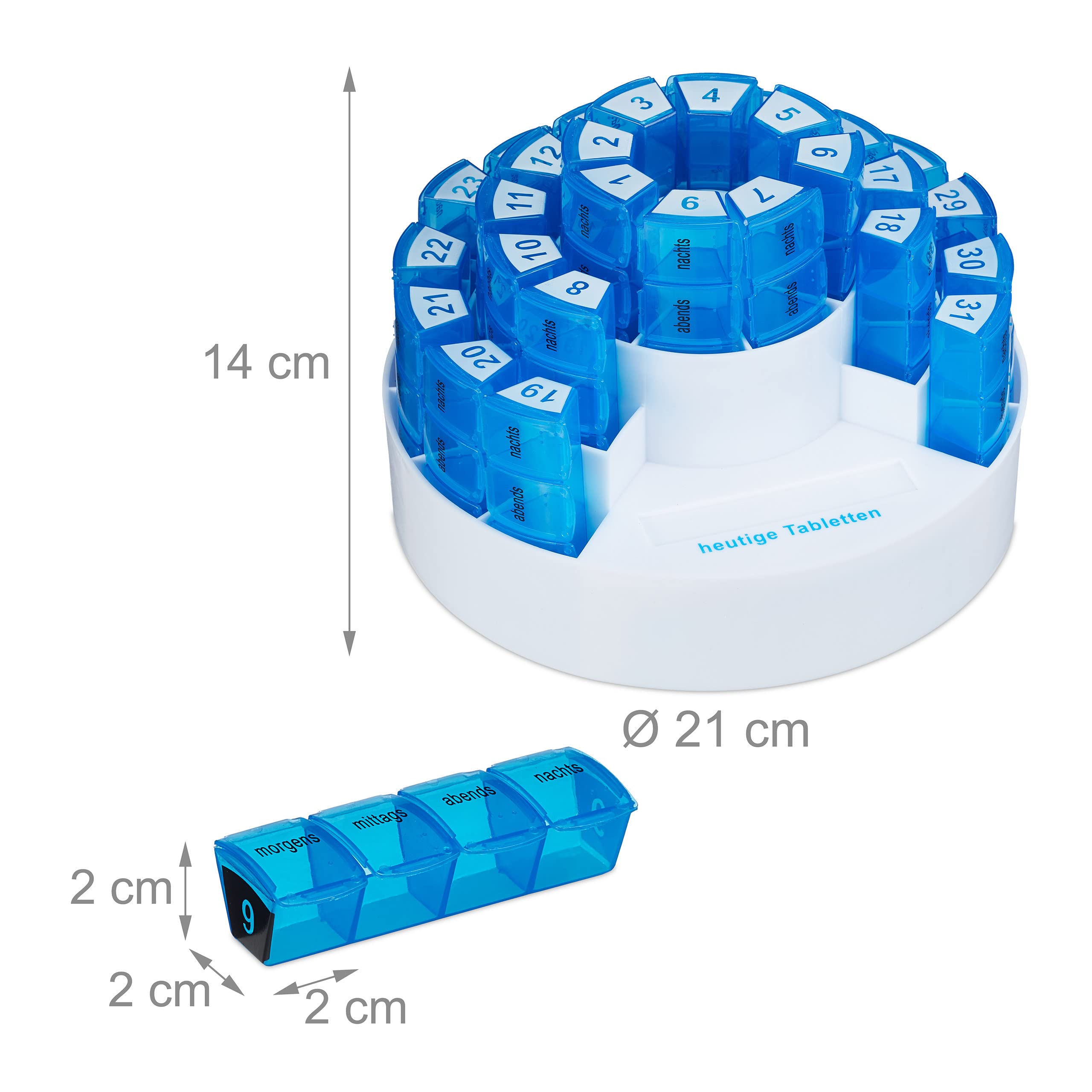 Relaxdays Pastillero Mensual, Organizador Pastillas Grande, 31 Días, 4 Tomas, Plástico sin BPA, Soporte, Blanco y Azul