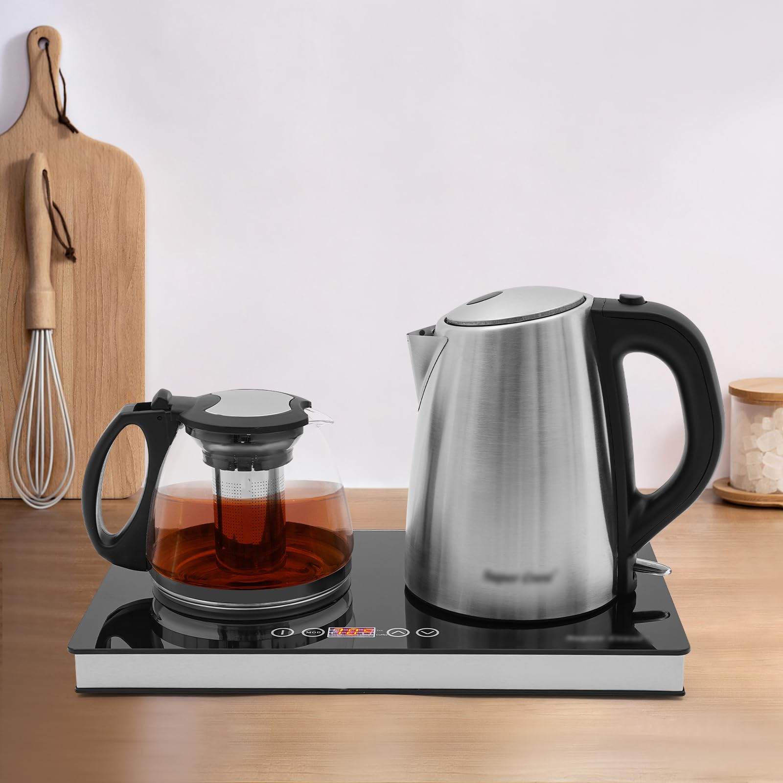 1500W Bollitore Elettrico Doppio Bruciatore(1.8L+1L), Bollitore Elettrico In Vetro 220-240V, Temperatura Regolabile 70-80℃, per Casa, Ufficio, Hotel, Nero/Trasparente/Argento