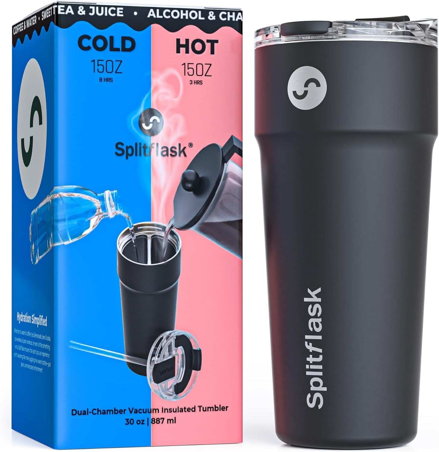 Splitflask Doppelkammer Isolierter Kaffeebecher - 850ml Auslaufsicherer Edelstahl Thermobecher, Heiße und Kalte Getränke, Reisegeeignet, Kaffee und Wasserflasche - Schwarz