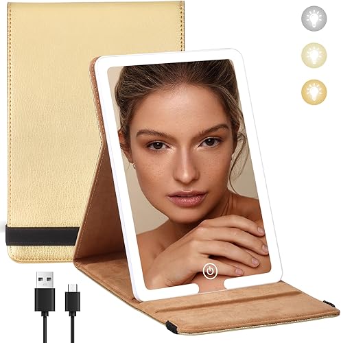 Espejo de maquillaje con luces, espejo de viaje de piel sintética con atenuación de 3 colores, espejo de maquillaje iluminado de 8 x 5.5 pulgadas
