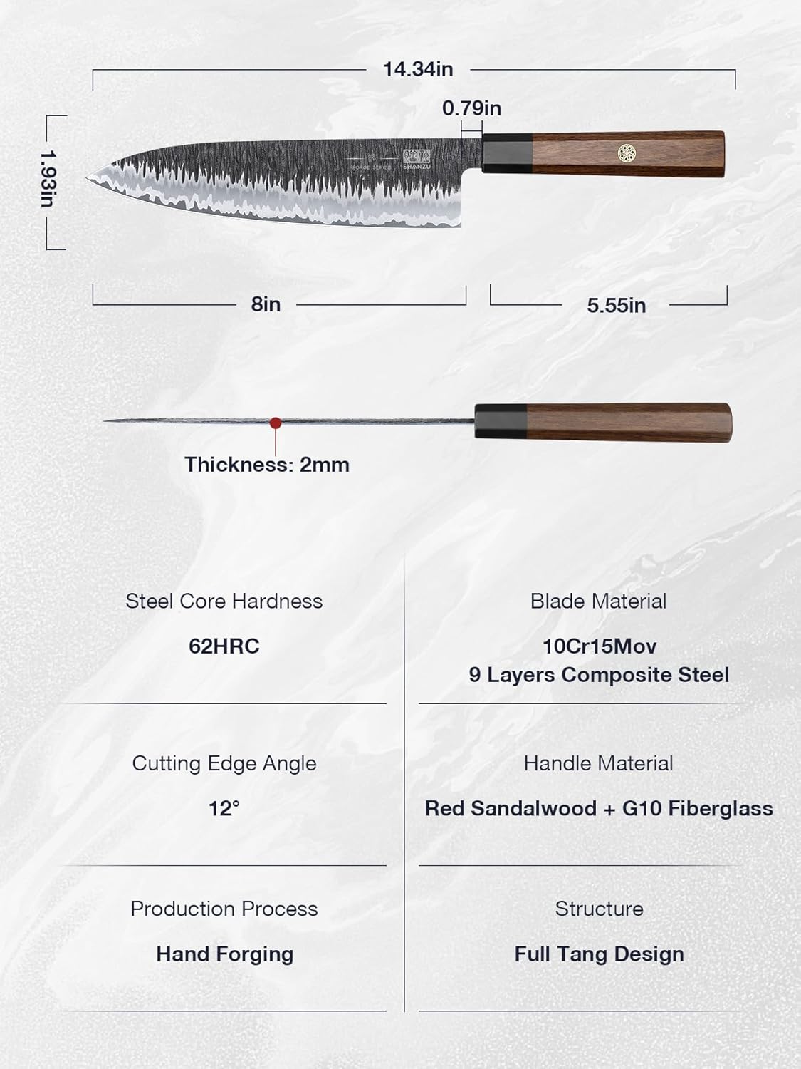 SHAN ZU 8 Inch Japanese Chef Knife, Hand Forged Gyuto Knife 9 Layers High Carbon 10CR18MOV Steel Kitchen Knife Ultra Sharp & Durable Professional Japanese Sashimi Knife with Ergonomic Rosewood Handle - Image 5