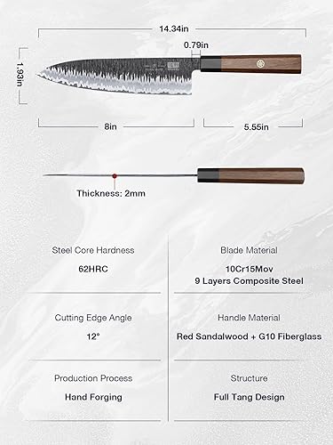 Miniatura 5 de SHAN ZU Cuchillo japonés de 8 pulgadas, cuchillo de chef Gyuto forjado a mano de 9 capas de alto carbono 10CR18MOV, cuchillo de cocina de acero