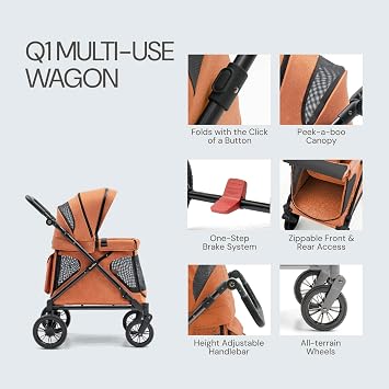 Familidoo Q1 Multi-Use Kids Wagon Stroller Foldable, Lightweight & All-Terrain for Kids & Pets 5-Point Safety Harness, Rain Cover & Compact Travel Design Supports Up to 132 lbs (Burnt Orange)