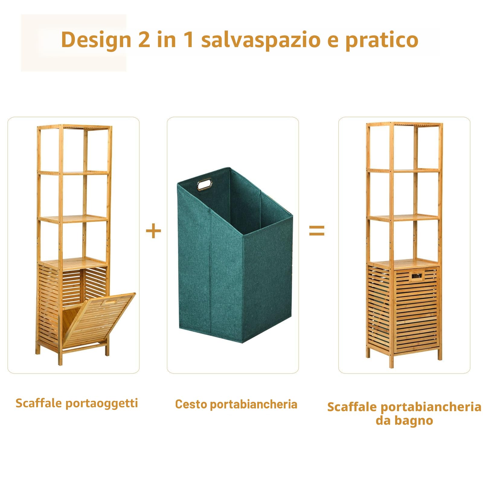 LIFEZEAL Mobile Bagno con Portabiancheria in Bambù Naturale, Mobiletto Bagno Salvaspazio con Biancheria, 40x33x160cm, Scaffale Alto per Organizer, Cesto Biancheria Estraibile con Rapiani da Lavanderia