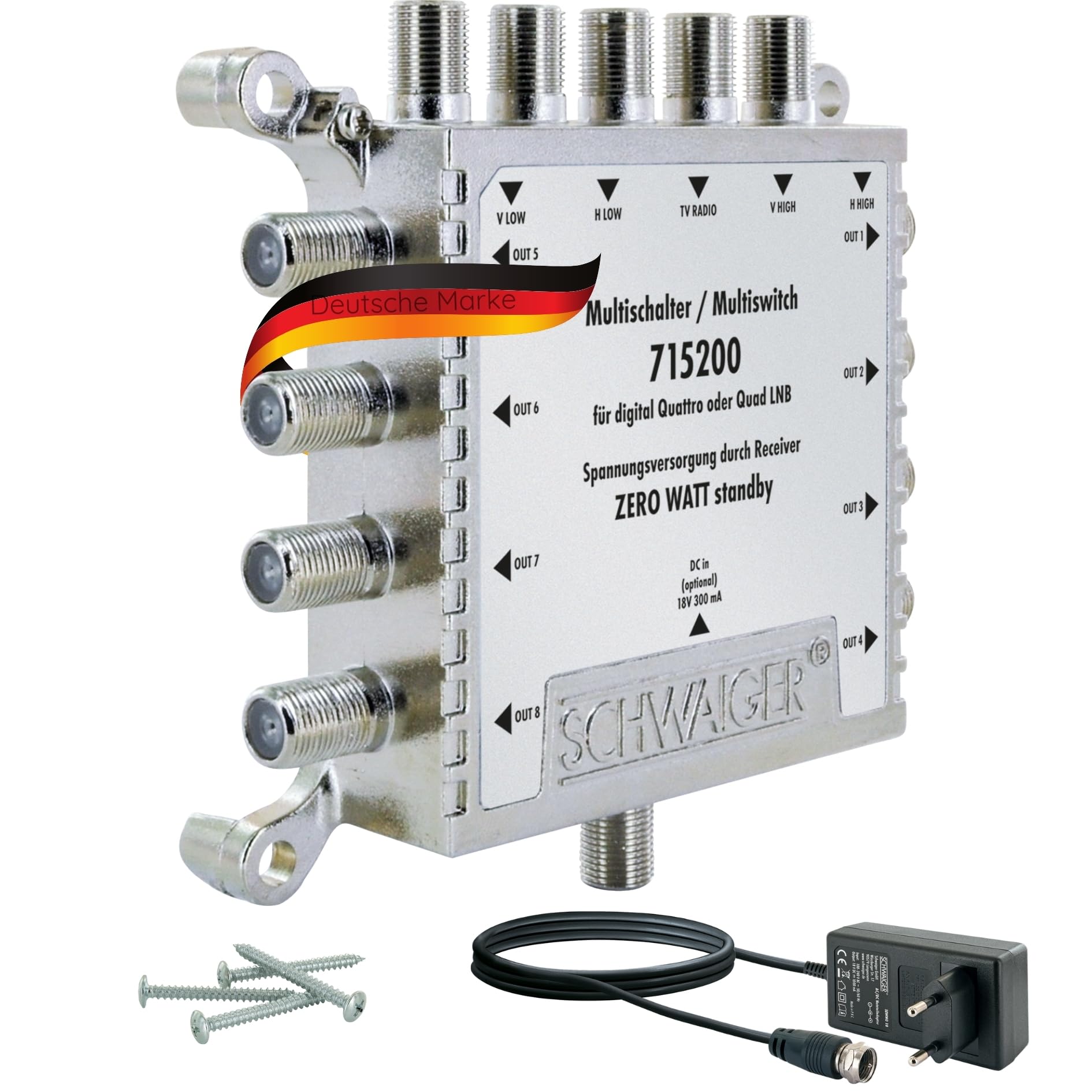 SCHWAIGER 5200 Distribuidor Sat Multiswitch Repartidor Sat de 8 vías Digital Distribuidor Sat Multiswitch de 8 vías con Fuente de alimentación Externa