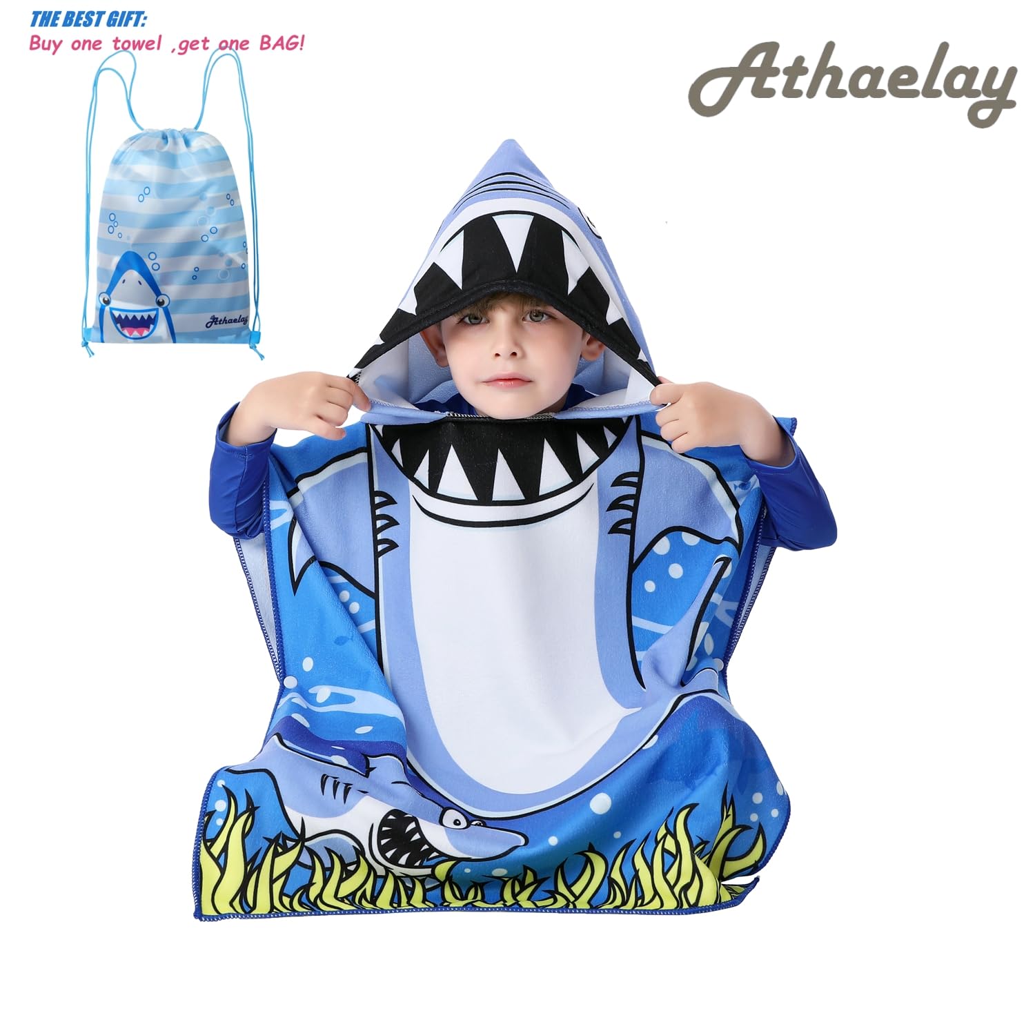 Toalla de playa ligera de microfibra con capucha para niños, niños pequeños, baño/piscina/poncho de natación (tiburón azul)