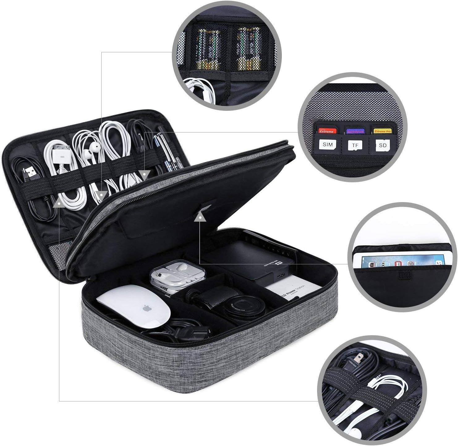 UCRAVO Custodia impermeabile per accessori elettronici a triplo strato, organizer universale per cavi, custodia organizer da viaggio con manico, borsa per il trasporto elettronico per cavo, Flash
