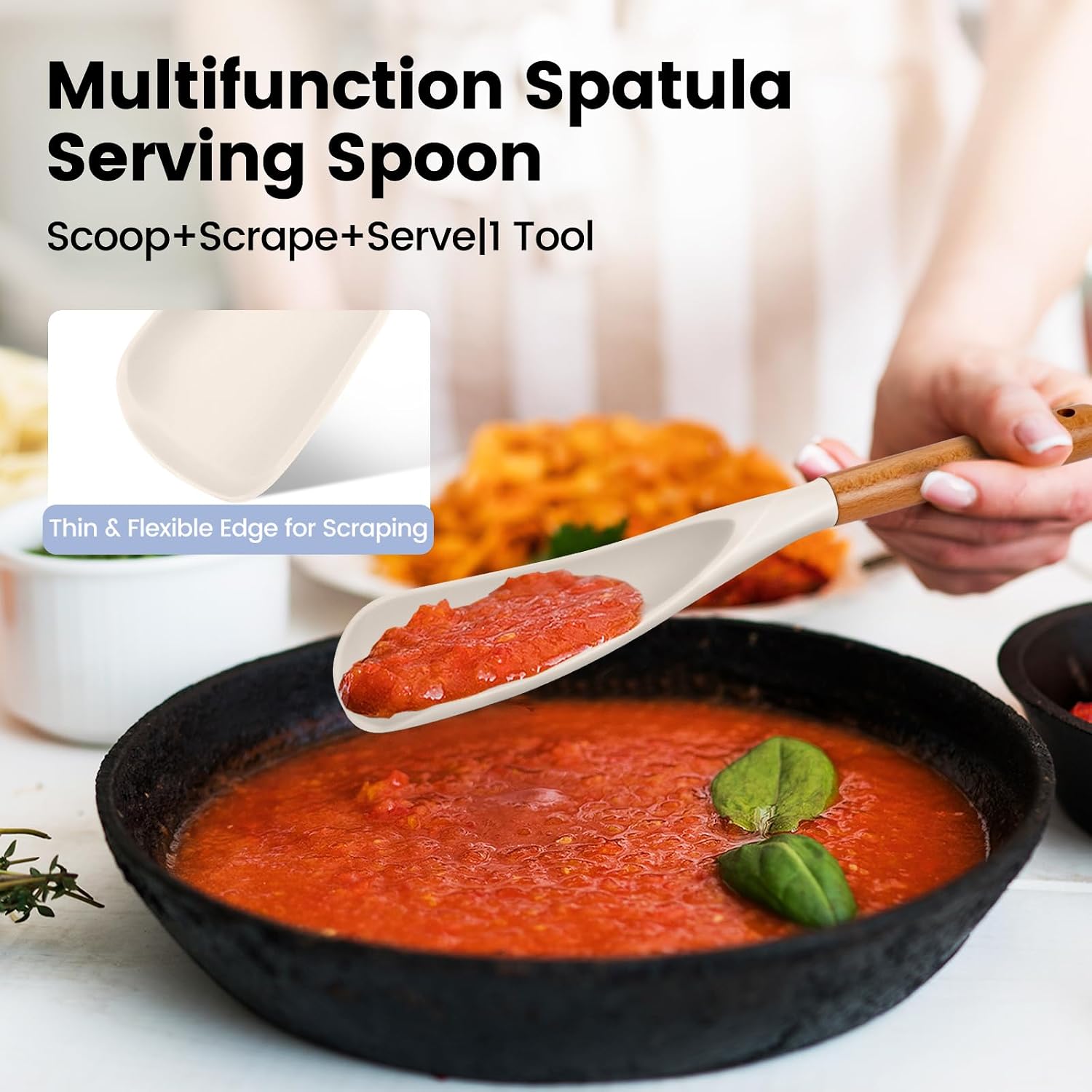 Large Silicone Cooking Spoons Set, 2 Pcs Heat Resistant Serving Spoon, Multifunction Nonstick Spatula Spoon, Kitchen Cucharras de Silicona for Mixing, Stiring, Basting, Scooping, Scraping