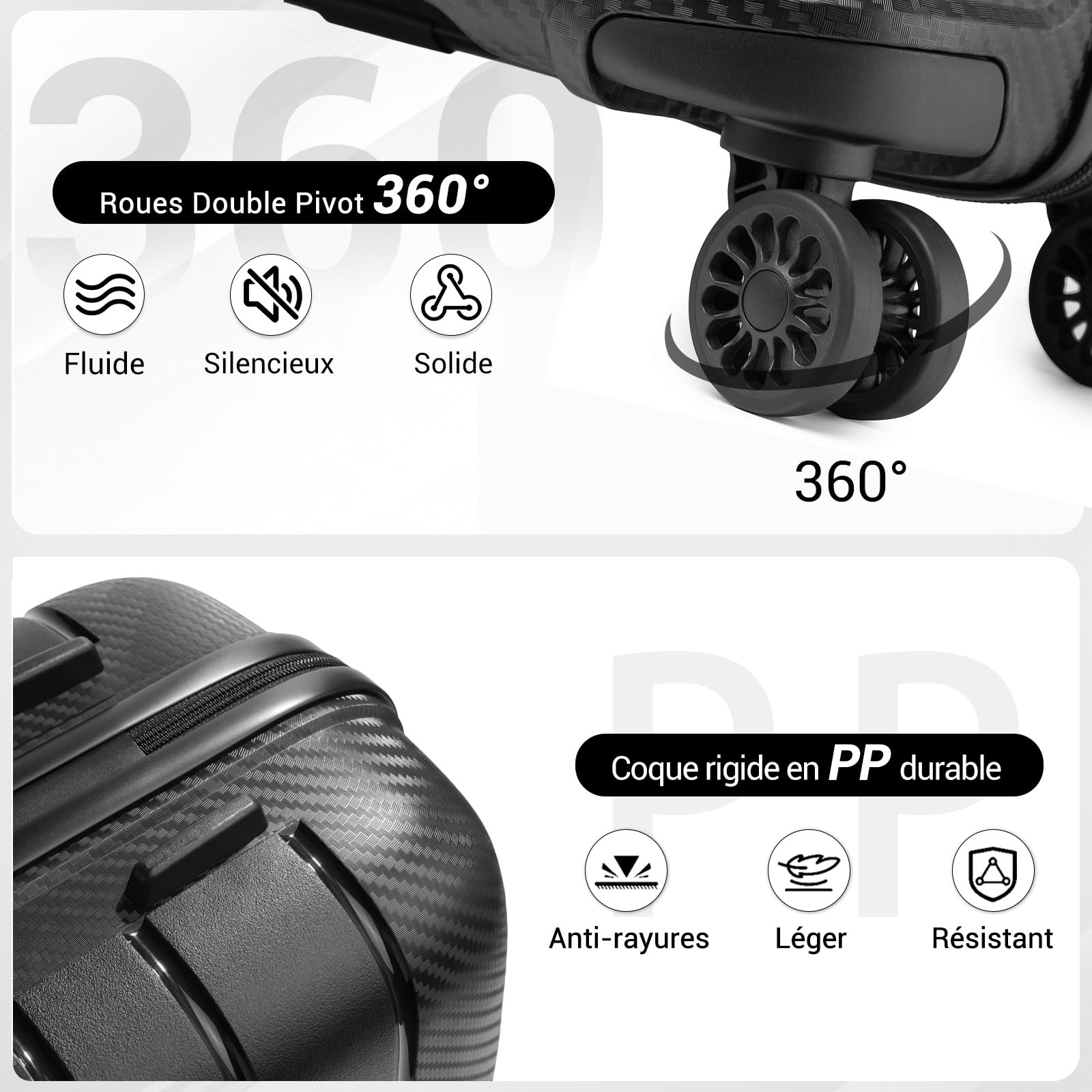 Kono Valise Moyenne Trolley Rigide en PP avec Serrure TSA（Noir, M）
