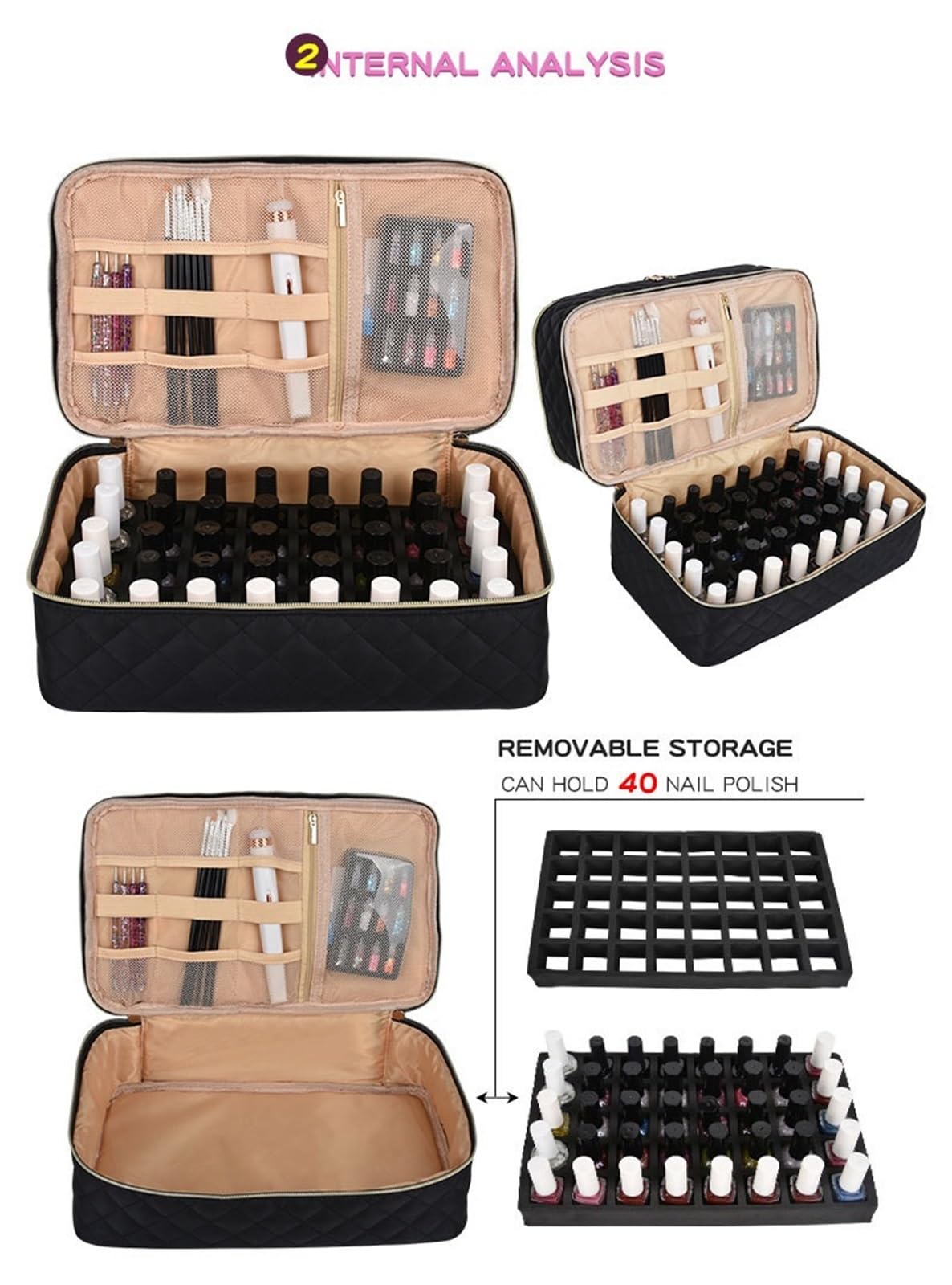 Porta Smalti Valigetta Unghie Organizer Portatile A Doppio Strato Che Contiene 40 Flaconi For Strumenti For Manicure Borsa Viaggio(Pink)