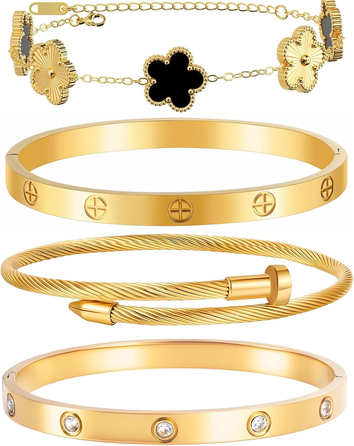 Gold Bracelets for Women-4Pcs/3Pcs,18K Gold Plated Bangle Tennis Bracelets Stack Set for Women Trendy Non Tarnish Stainless Steel Gold Bangles Accessories Designer Jewelry