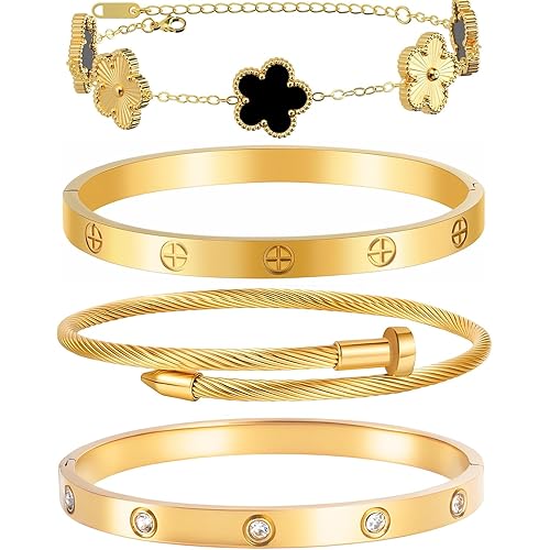 Gold Bracelets for Women-4Pcs/3Pcs,18K Gold Plated Bangle Tennis Bracelets Stack Set for Women Trendy Non Tarnish Stainless Steel Gold Bangles Accessories Designer Jewelry