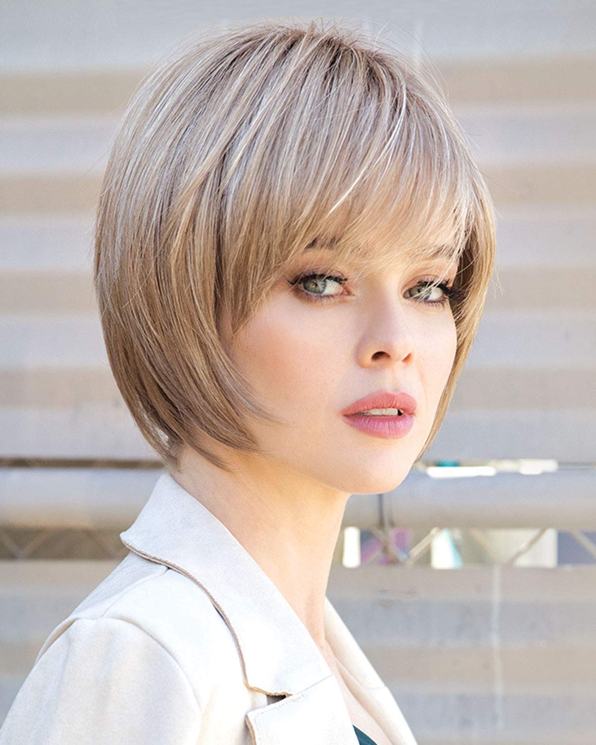 Audrey Wig Color Creamy Toffee Rooted - Noriko Wigs Short 6" Layered Bob Angled Sides Synthetic Average Cap