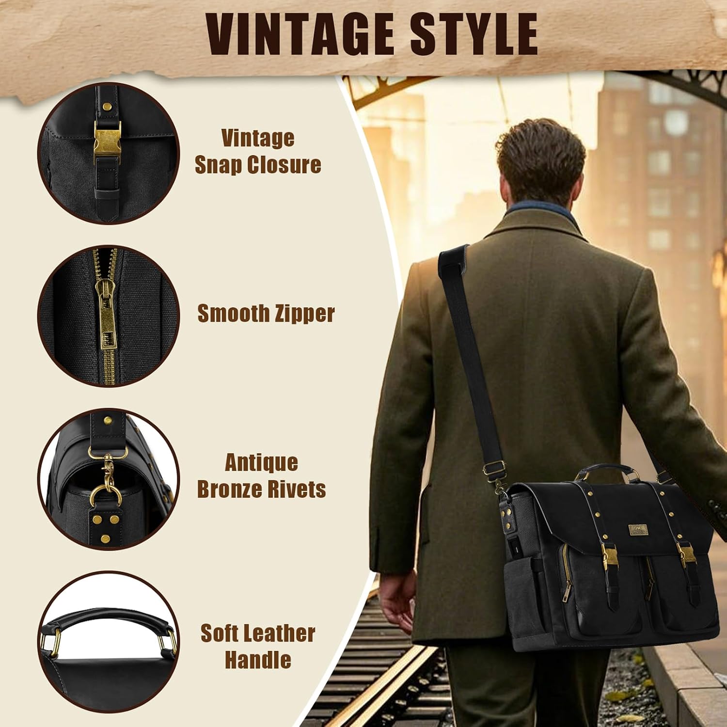 MATEIN Vintage Messenger Bag for Women, 15.6 Inch Laptop Bag Large Canvas PU Leather Briefcase with USB Port, Water Resistant Computer Shoulder Satchel Crossbody for Work Commuting, Grey-Black