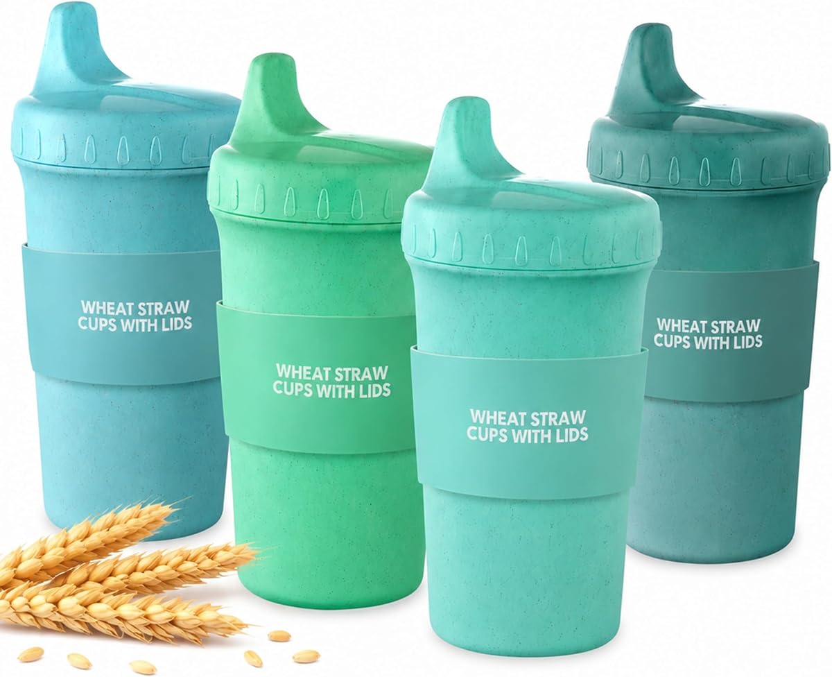 Meolibour® 4 Packs Wheat Straw Sippy Cups for Toddlers Kids, Reusable Plastic Spill Proof Cups for Kids Baby, Dishwasher/Microwave Safe - Unbreakable Hard Spout Sippy Cups for Toddlers
