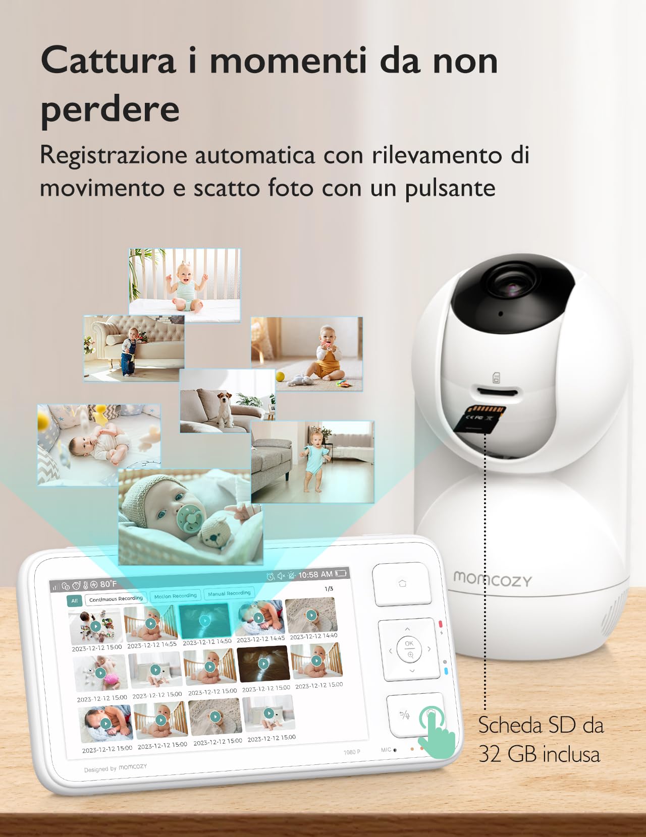 Momcozy BM03 Baby Monitor Video 5.5" Full HD 1080P Senza WiFi, Visione Notturna, Batteria 5800mAh