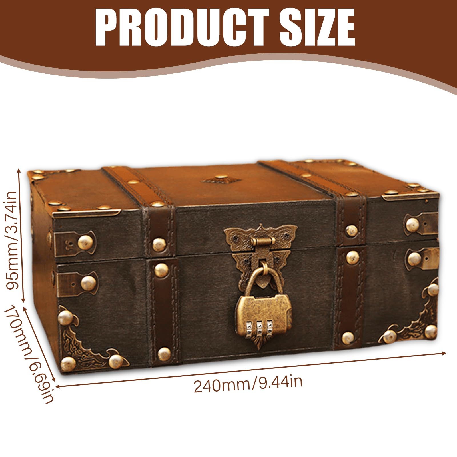 GBKDQQ Drewniana skrzynia na skarby w stylu vintage, 24 x 17 x 9,5 cm, skrzynia na skarby z zamkiem szyfrowym, na urodziny dziecka, drewniana skrzynia do przechowywania, dekoracja