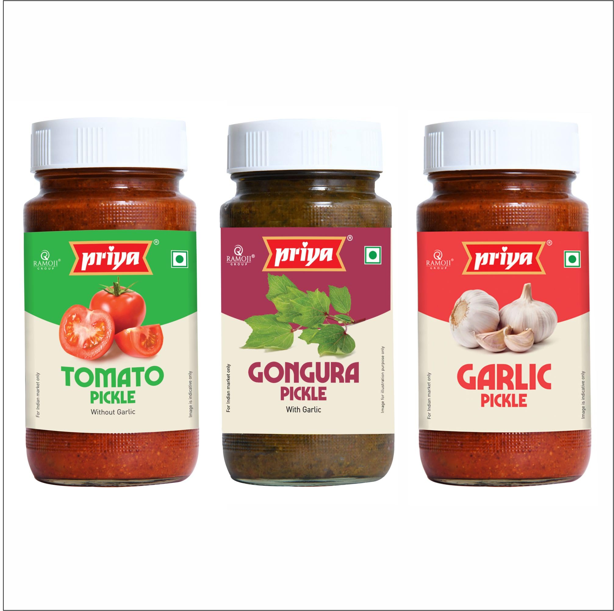 Priya Pickles Combo of 3, Total 900g (300g Each) | Tomato Pickle, Gongura Pickle & Garlic Pickle | Authentic Telugu Style Achar | Traditional South Indian Taste | Homemade Andhra Pickles | Glass Jar (Pack of 3)