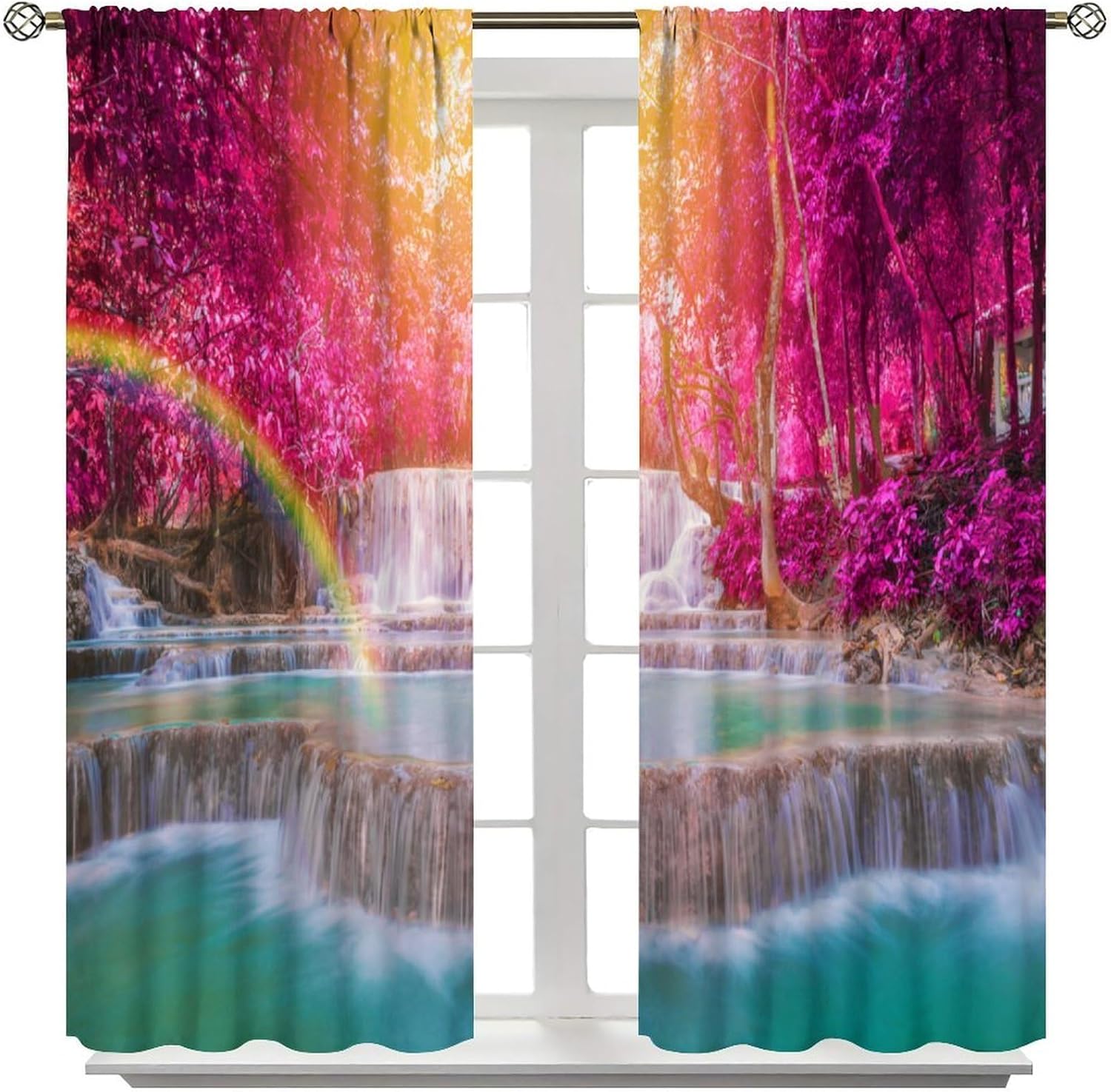 Pink Forest Waterfall Curtains,Autumn Jungle Rainbow Natural Landscape Scenery Pattern Blackout Rod Pocket Window Drapes for Bedroom Living Room Kitchen 52x84 Inch