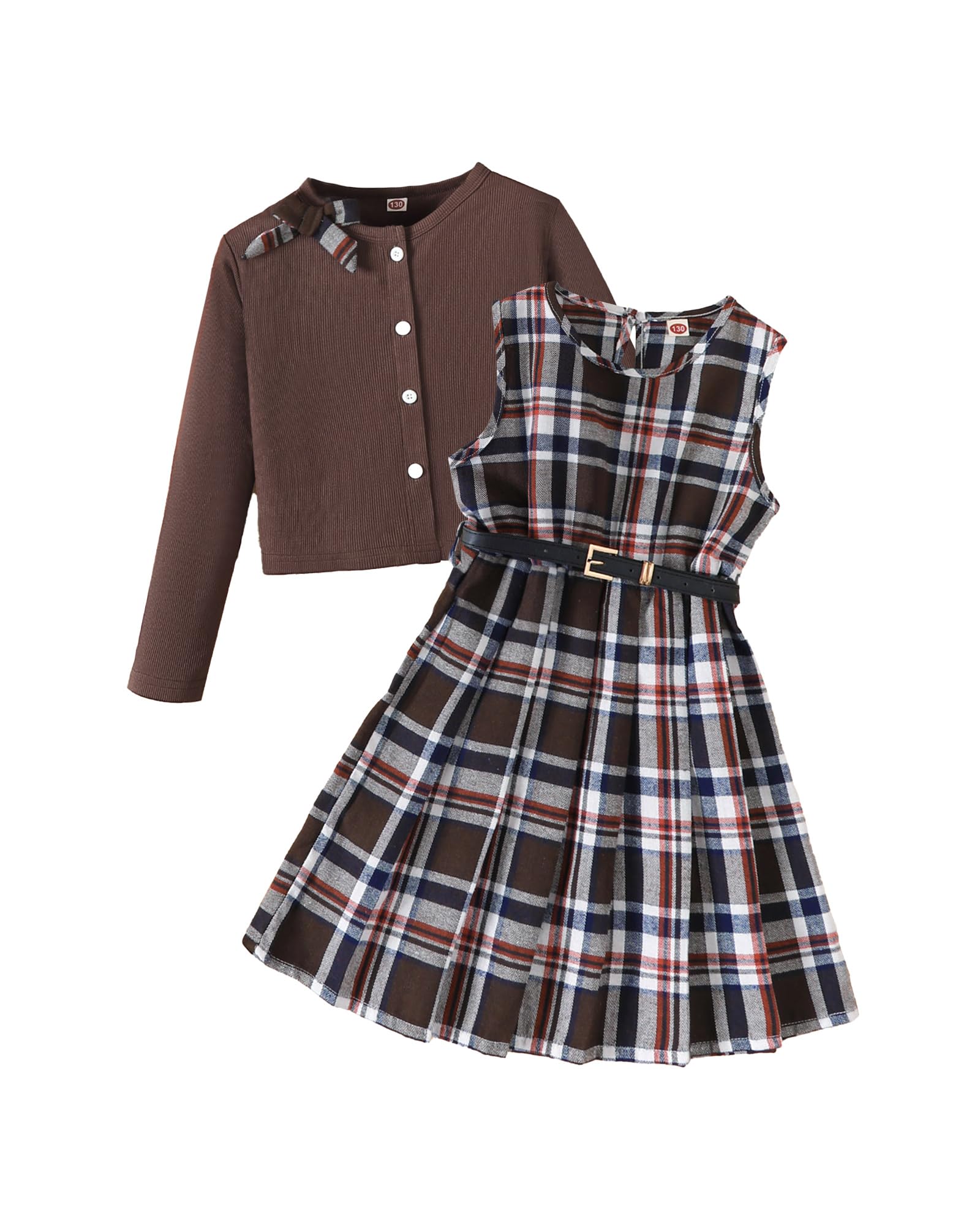 Girls Plaid Dress with Cardigan 3-Piece Outfit Set with Belt Size 7-14