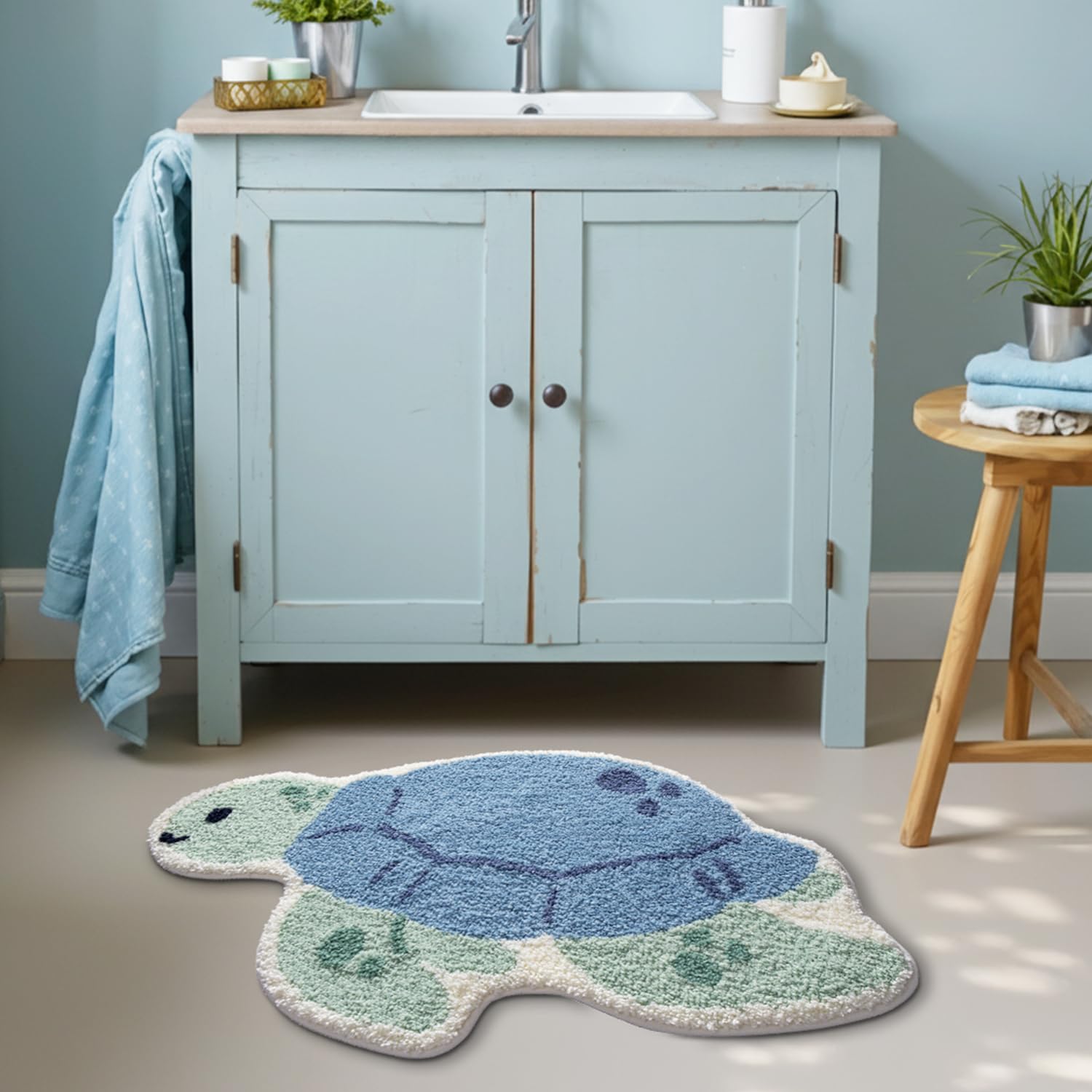 LUMI Niedliche Tier-Badezimmerteppiche, saugfähige Plüsch-Badematten für Badezimmer, rutschfeste Unterseite, waschbar, ideal für Dusche, Waschbecken, Badewanne, Raumdekoration, 51 x 84 cm, blaue