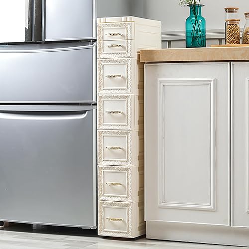 Miniatura 4 de Armario de almacenamiento de 6 niveles con 7 cajones, soporte de torre angosto y rodante, organizador de almacenamiento de plástico delgado con