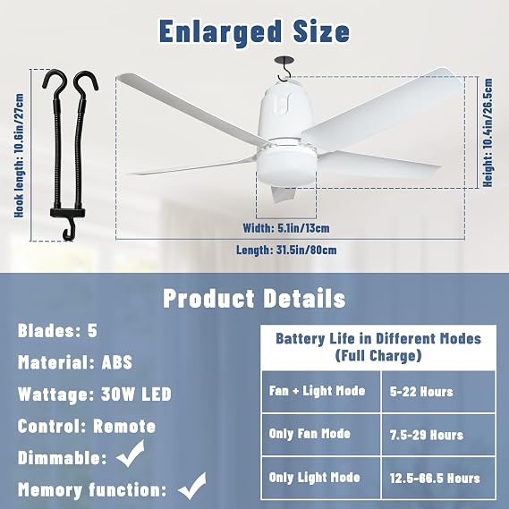 SHUNLEE Solar Outdoor Ceiling Fan Light 31.5'', 60W Solar Powered Portable Gazebo Fan With Remote and Hook, 3000K-6000K LED, 40000mAh Large Hanging Canopy Fan (31.5 inch)