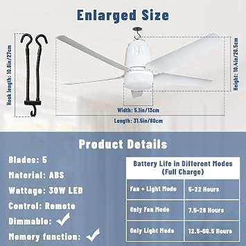 SHUNLEE Solar Outdoor Ceiling Fan Light 31.5'', 60W Solar Powered Portable Gazebo Fan With Remote and Hook, 3000K-6000K LED, 40000mAh Large Hanging Canopy Fan (31.5 inch)