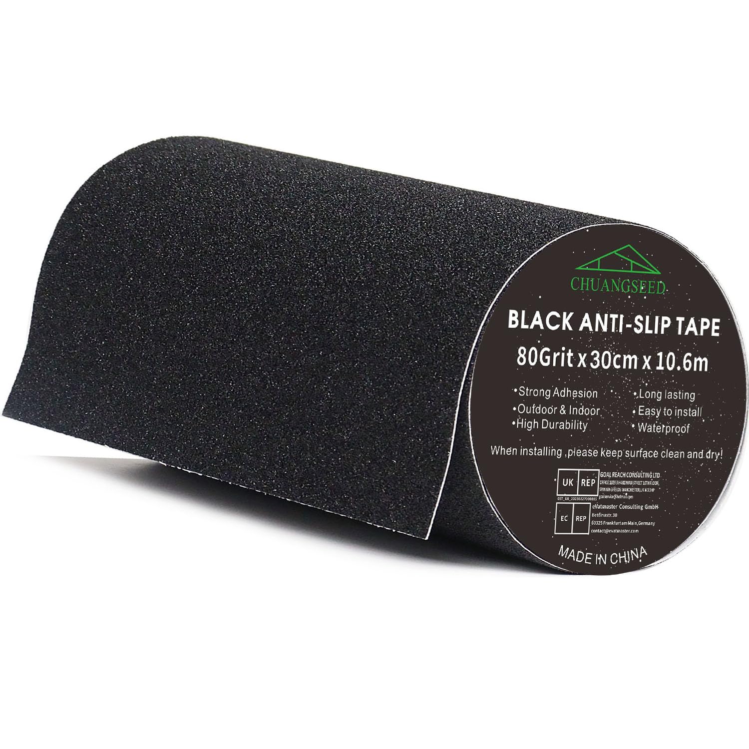 CHUANGSEED negro antideslizante, 30 cm x 10,6 m, tiras antideslizantes con cinta adhesiva antideslizante para escaleras, escaleras, revestimientos de suelos, cinta antideslizante sólida, pegatina