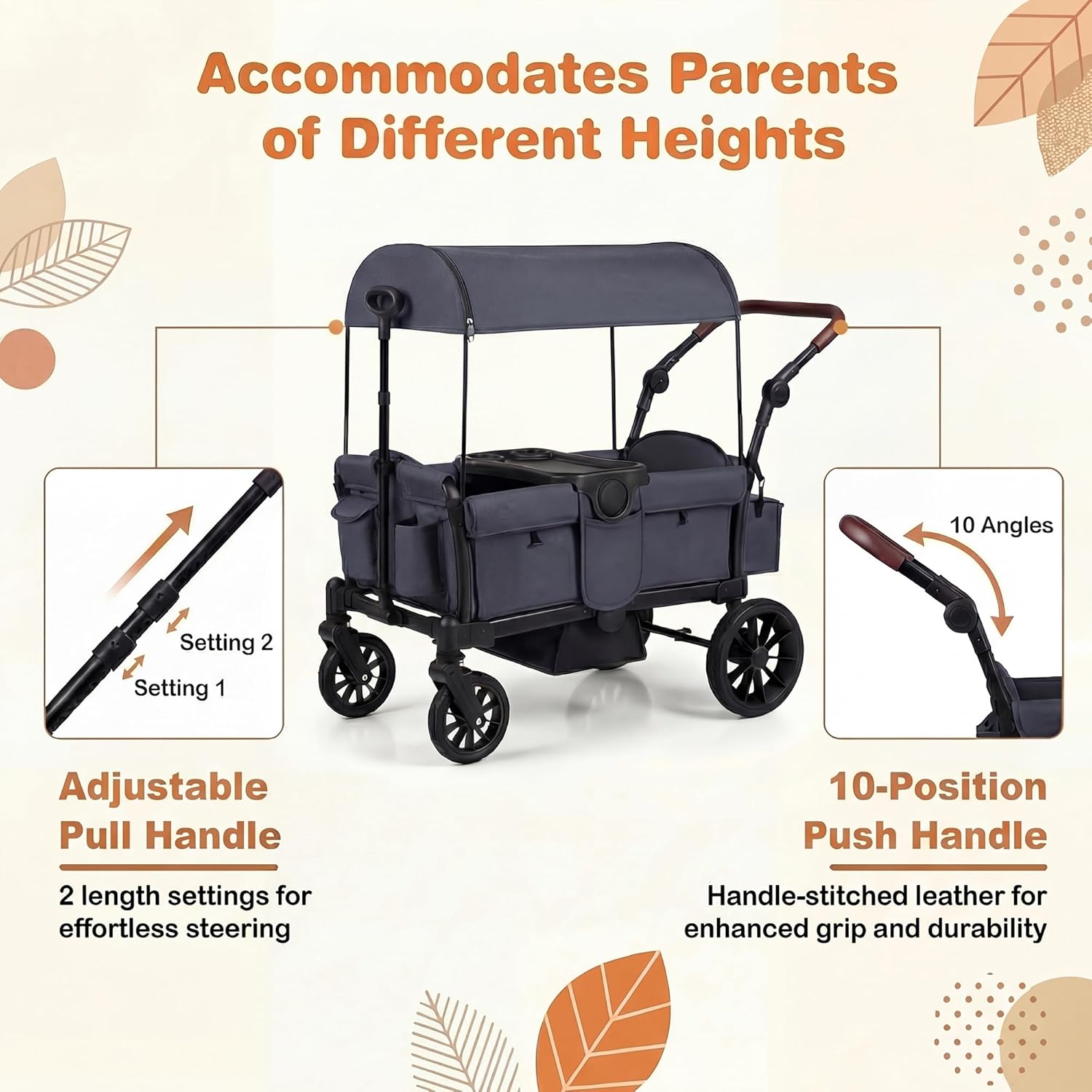 HONEY JOY Wagon Stroller for 2 Kids, Foldable All-Terrain 2 Seater Toddler Stroller Wagon, Adjustable Push/Pull Handle, Removable Canopy, EVA Wheel, Snack Tray, Parent Organizer (Gray)