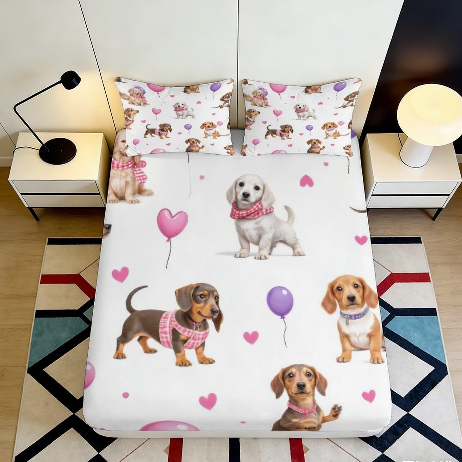 3D Printed Cartoon Dog Fitted Sheet Microfiber Deep Pocket Non-Slip Bedroom Bedding Cartoon Dog Mattress Fitted Cover for All Ages 200x200x25cm 90x200x25cm