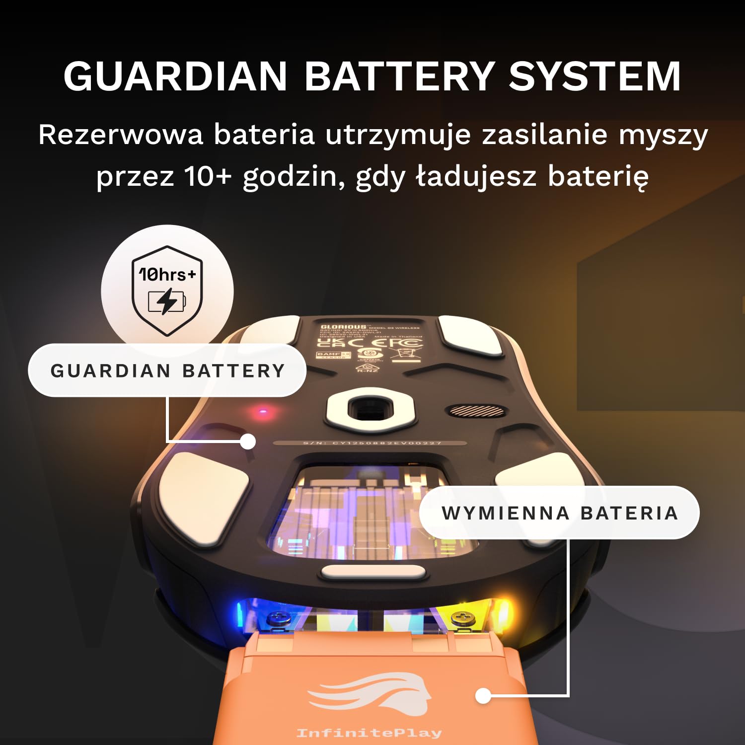 GLORIOUS Gaming – bezprzewodowa mysz gamingowa Model O3 – Wymienne baterie InfinitePlay, raportowanie 8k, przełączniki optyczne na 130M kliknięć, ultralekka: 66 g, Sensor optyczny 30k DPI, RGB – czerń