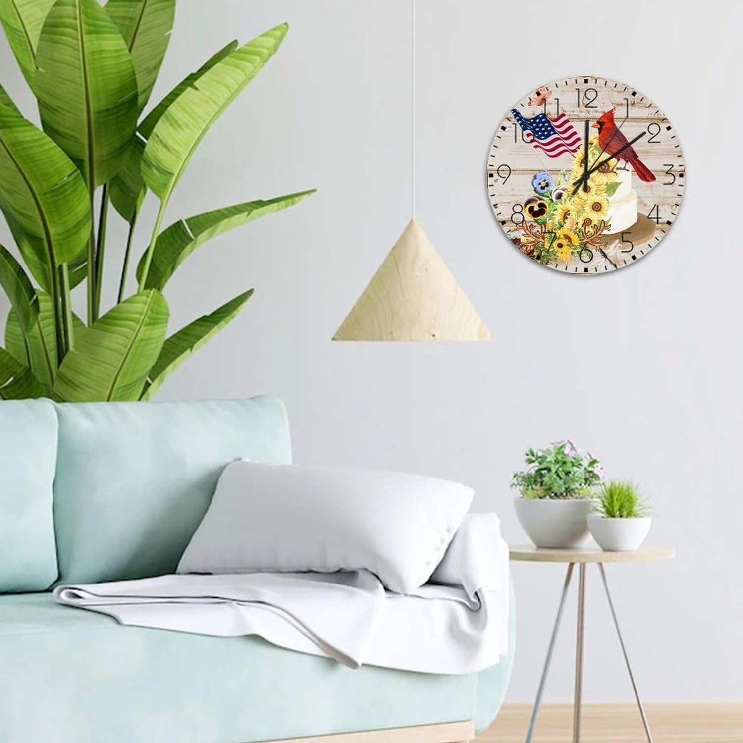 Wood Wall Clock Battery Operated Non Ticking Analog 4th of July Patriotic Sunflower Cardinal Vintage Wall Clocks US Flag Fourth of July Wooden Wall Decor for Fitness Room Garage Daycare 10 Inch