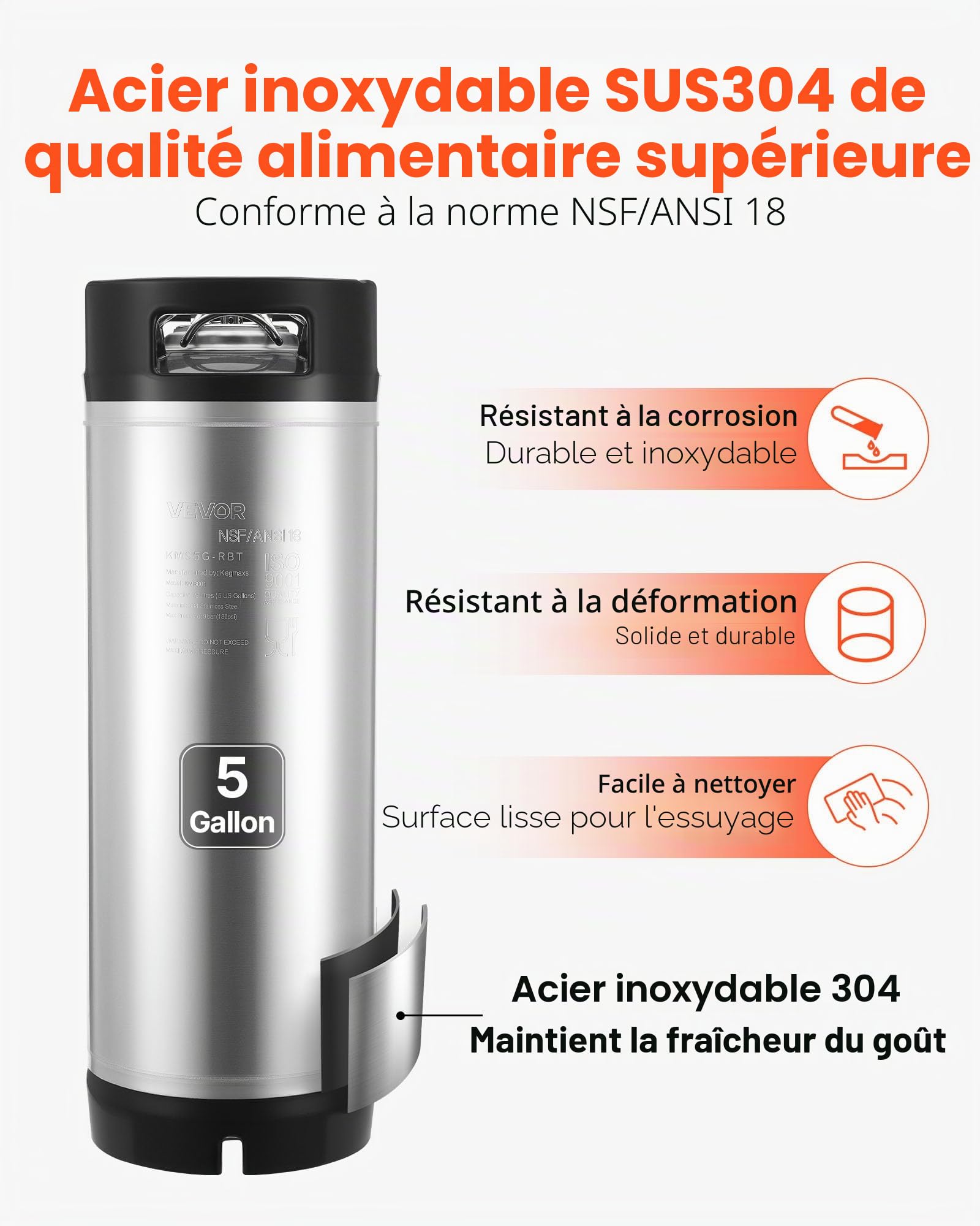 VEVOR Fût Bière Pression 19 L, Soda Keg à Verrouillage à Bille, Fût sous Pression en INOX SUS304 pour Brassage à Froid, avec Doubles Poignées et Fond en Caoutchouc, Équipement de Brassage Maison