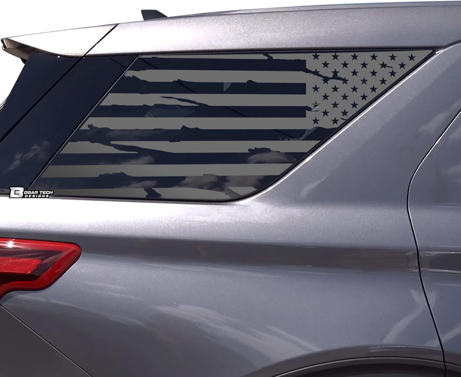 BOGAR TECH DESIGNS Car Decals for Vehicles, Precut American Flag Sticker for Car Accessories Rear Side Quarter Window Decals Compatible with Ford Explorer 2020-2026, Matte Black