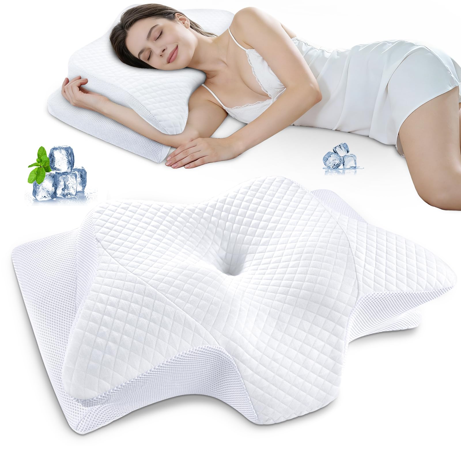 SAHEYER Almohada Cervical y Cuello, 2 en 1 Almohada Ergonómica Espuma Viscoelástica de Cabeza Cuello Hombro, Almohada Mariposa para Dormir de Lado, Boca Arriba y Boca Abajo, 60x35,5x13/10 cm, Blanco