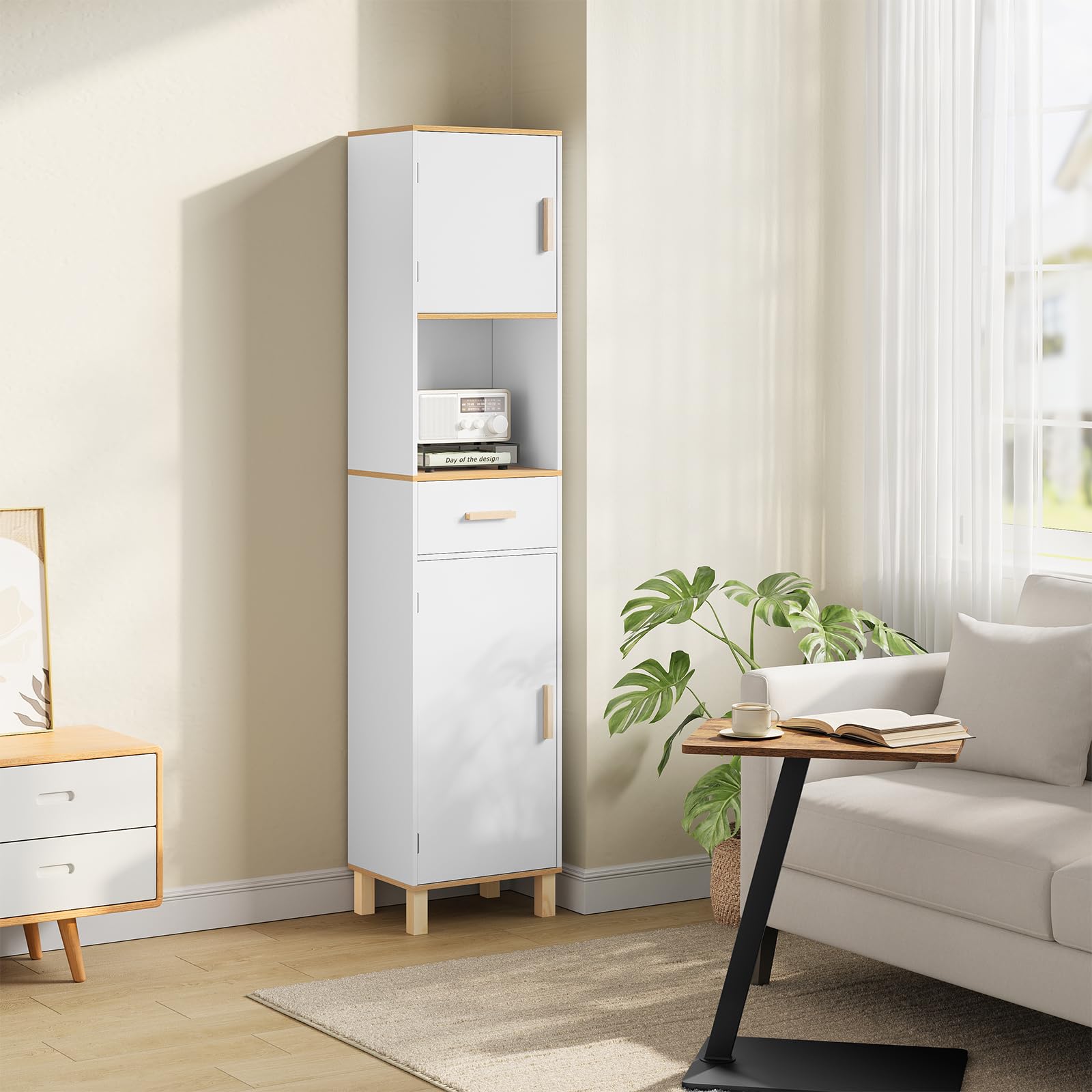 EUGAD Mobile da Bagno Alto e Stretto, Armadio a Colonna da Bagno Salvaspazio in Legno MDF Mobiletto, Mobile Multiuso con 2 Ante, 1 Cassetto e 1 Vano Aperto, Bianco, 40x30x180cm