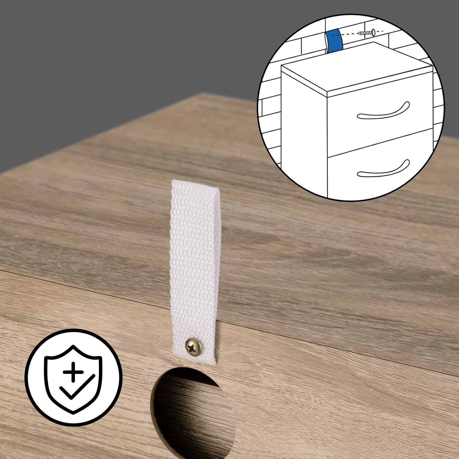 Diagram showing how to attach the anti-tip wall mounting strap to the bedside table